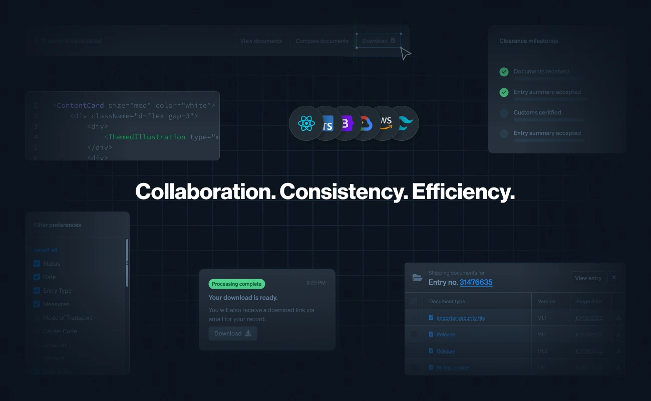 Header saying Collaboration. Consistency. Efficiency., surrounded by design system components.